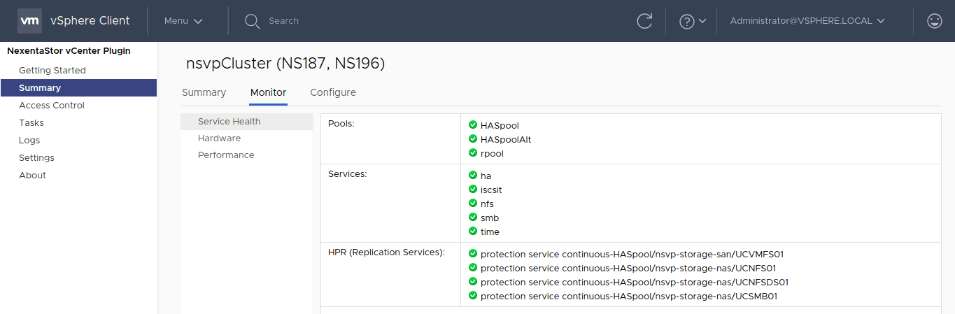Clustered NexentaStor > Monitor tab > Service health screenshot